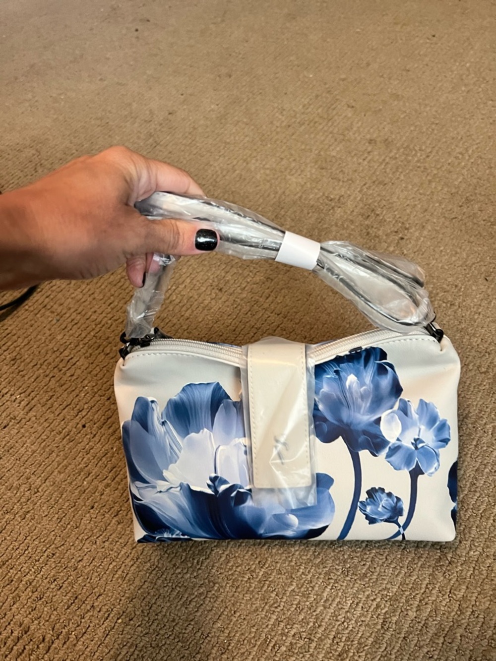 Floral Mini Shoulder Bag in White with Blue Blooms